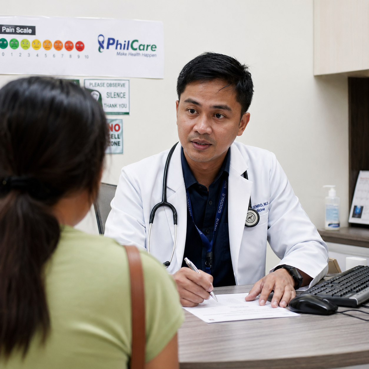 A doctor supporting a patient inside a clean medical facility